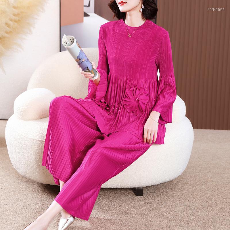 

Women's Two Piece Pants Pant Suits Miyake Pleated For Women 45-75kg 2023 Spring Fashion Beading Round Neck Long Sleeved Top Ankle-Length, Rose top pant