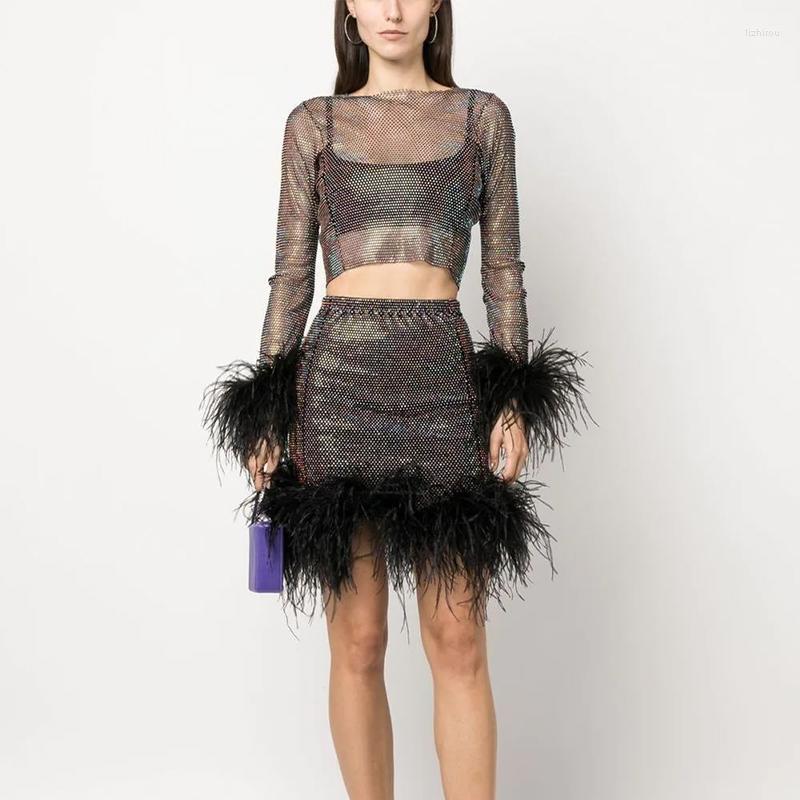 

Skirts 2023 Female Pink Purple Rhinestone Mesh Mini Skirt Top Suit For Party Black Crystal Feather Crop And Fur Trim Set, Green