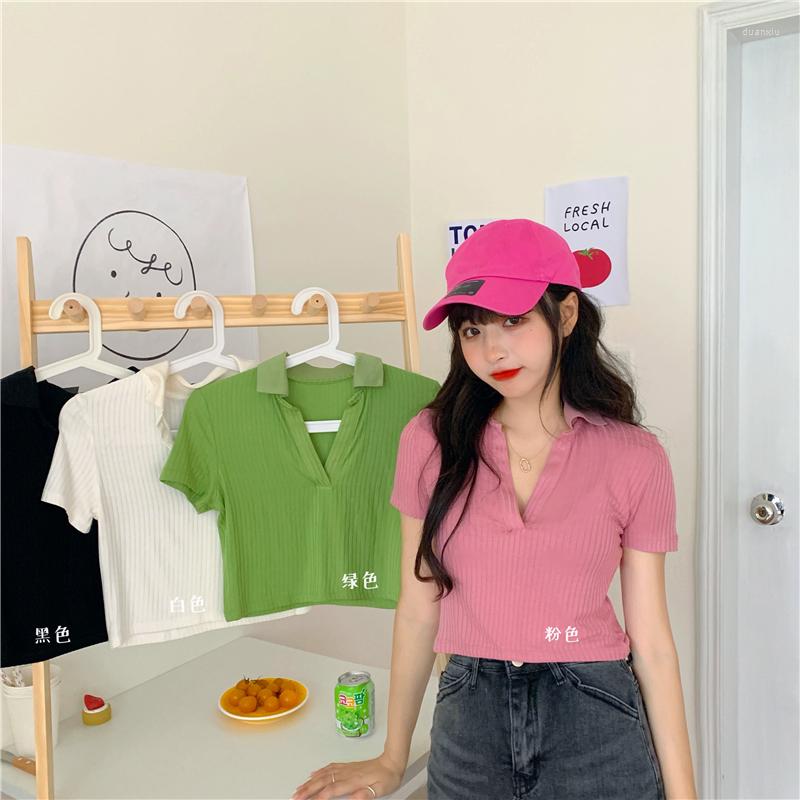 

Women's T Shirts Summer Pink Short Section High-waist Knitted Turn-down Collar Short-sleeved T-shirt Women, Black