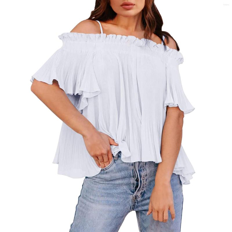 

Women' T Shirts Women' Off Shoulder Spaghetti Strap Tops Casual Short Sleeve Flared Loose Blouse V Neck Women, Black