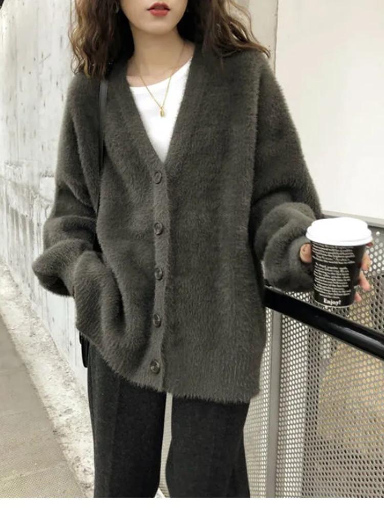 

Sweaters WOMEN SOLID FUZZY MINK FUR KNITTED CARDIGAN, Black