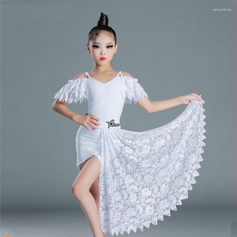 

Stage Wear Kids Latin Dance Costume For Girls Dancing Clothes White Leaf Sleeve Lace Suit Modern Clothing SL5515, Picture shown