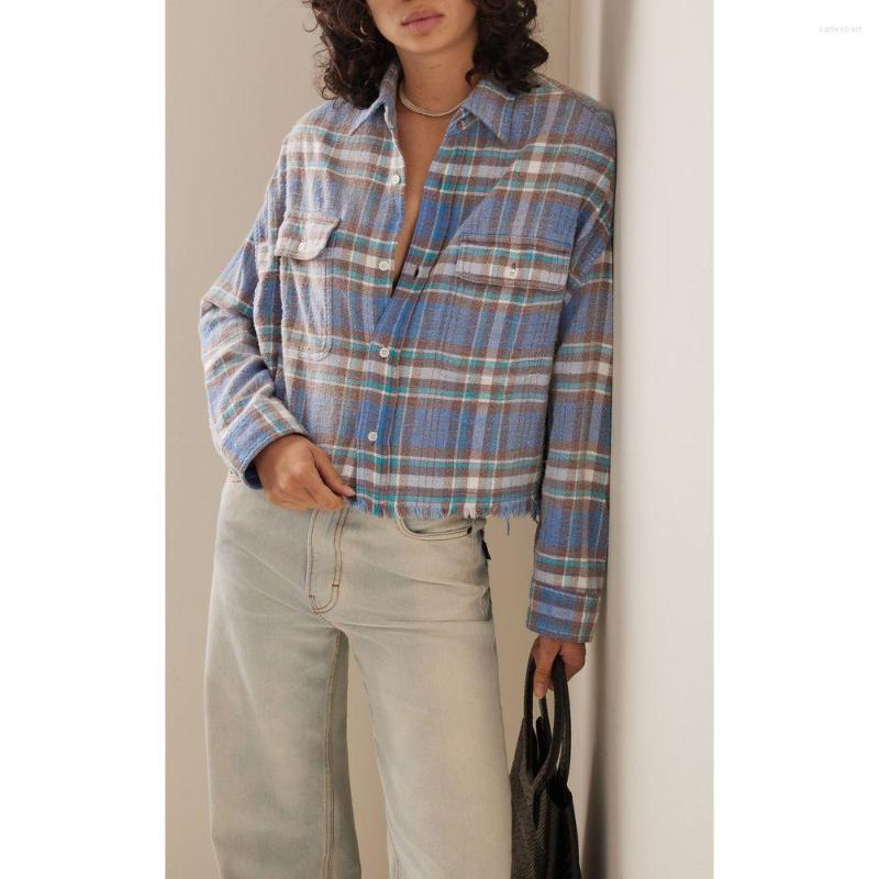 

Women' Blouses 2023 Spring Ladies Cotton Cropped Plaid Shirt For Women, Blue