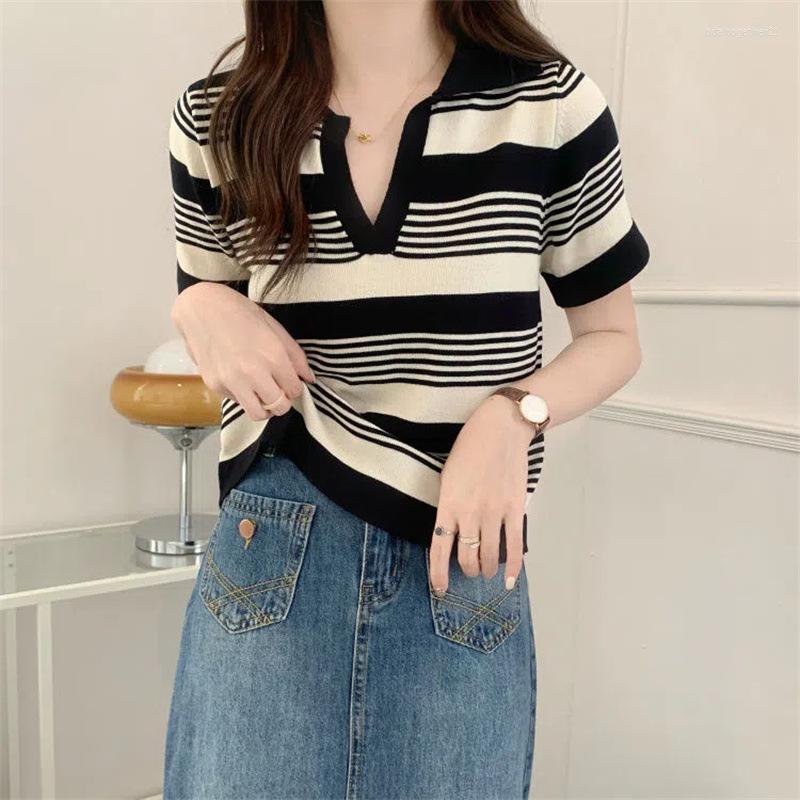 

Women's T Shirts Vintage Contrast Striped Polo Neck Short Sleeve Thin Knit Women's Summer Stretch Slim Fit Small Top