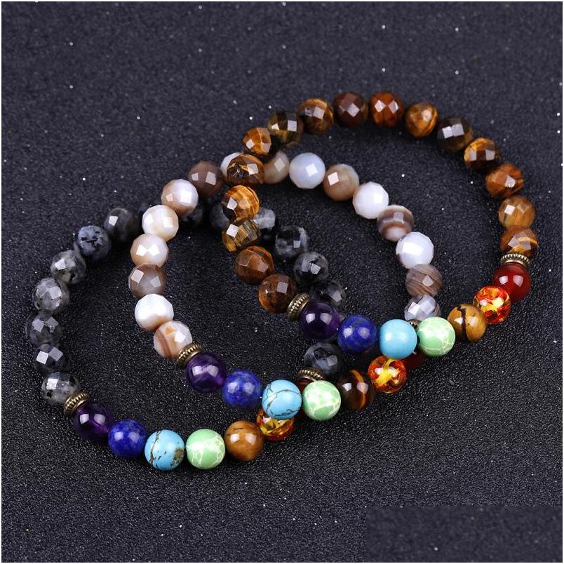 

Charm Bracelets 7 Chakras Men Bracelet Faceted Stripe Agate Tiger Eye Stone Beads Yoga Hand String Women Jewelry Friendship Gift Dro Dhvxc