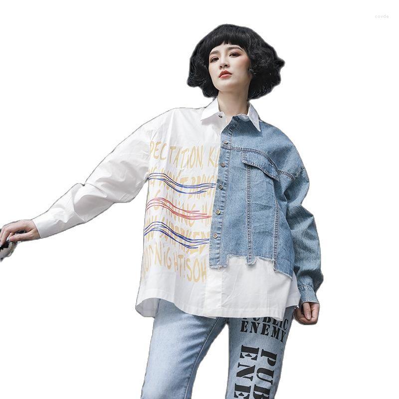 

Women's Blouses Fashion Denim Splice Individual Design Letters Pring Women Blouse Casual Loose Summer Shirts Tops Female Blusas Mujer 20, White