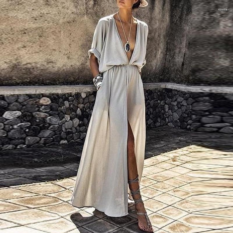 

Casual Dresses Solid Color Women Beach Long Dress Sexy Deep V-neck High Slit Ladies Fashion Loose Short-sleeved Linen 2023, 04 black