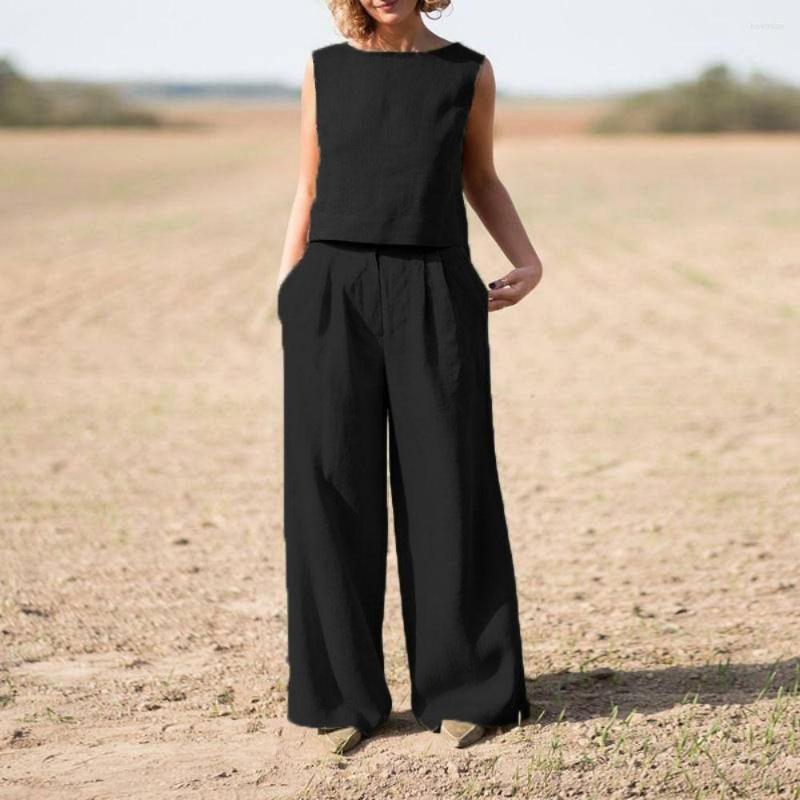 

Women' Two Piece Pants 2023 Women Summer Casual Loose Streetwear Outfits Sleeveless O Neck Tops Long Set Female Solid Matching, Orange