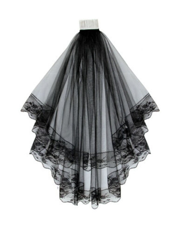 

2 Tier Black Bridal Wedding Veil With Lace Edges Comb 31" Brand New