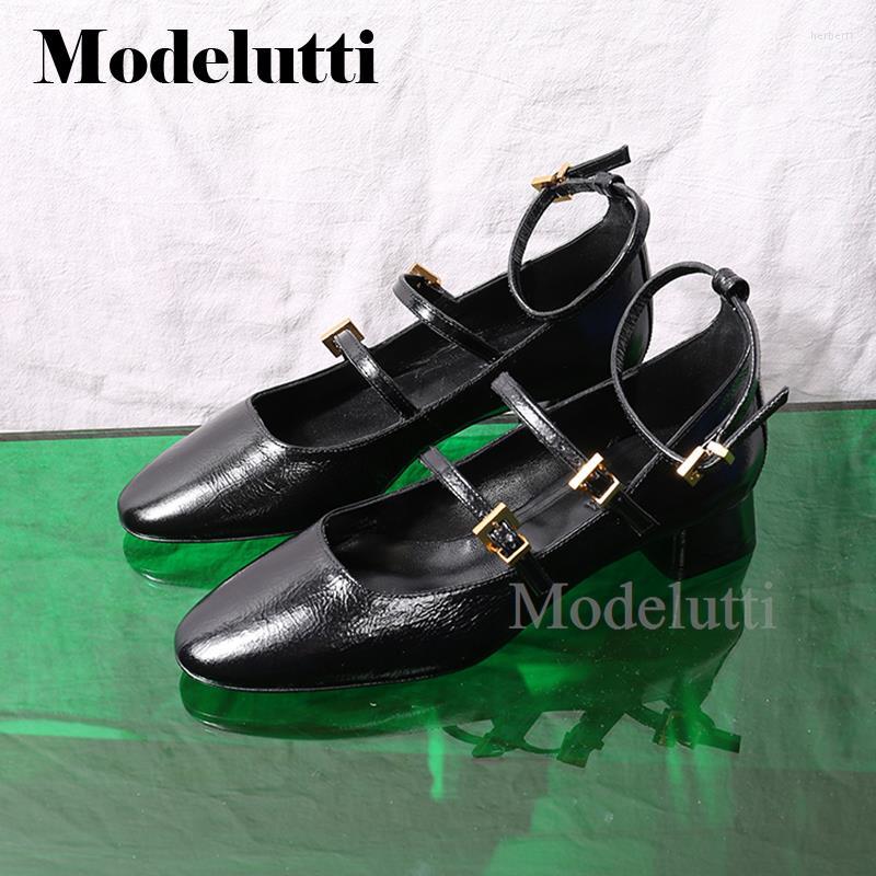 

Sandals Modelutti 2023 Spring Summer Fashion Genuine Leather Mary Jane Rough Heel Women Simple Ballet Shoes Female Chic, Black