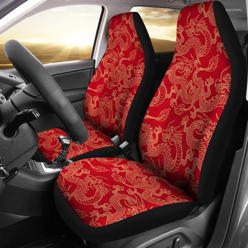 

Car Seat Covers Red Dragon Oriental Asian Pair 2 Front Protector Accessories