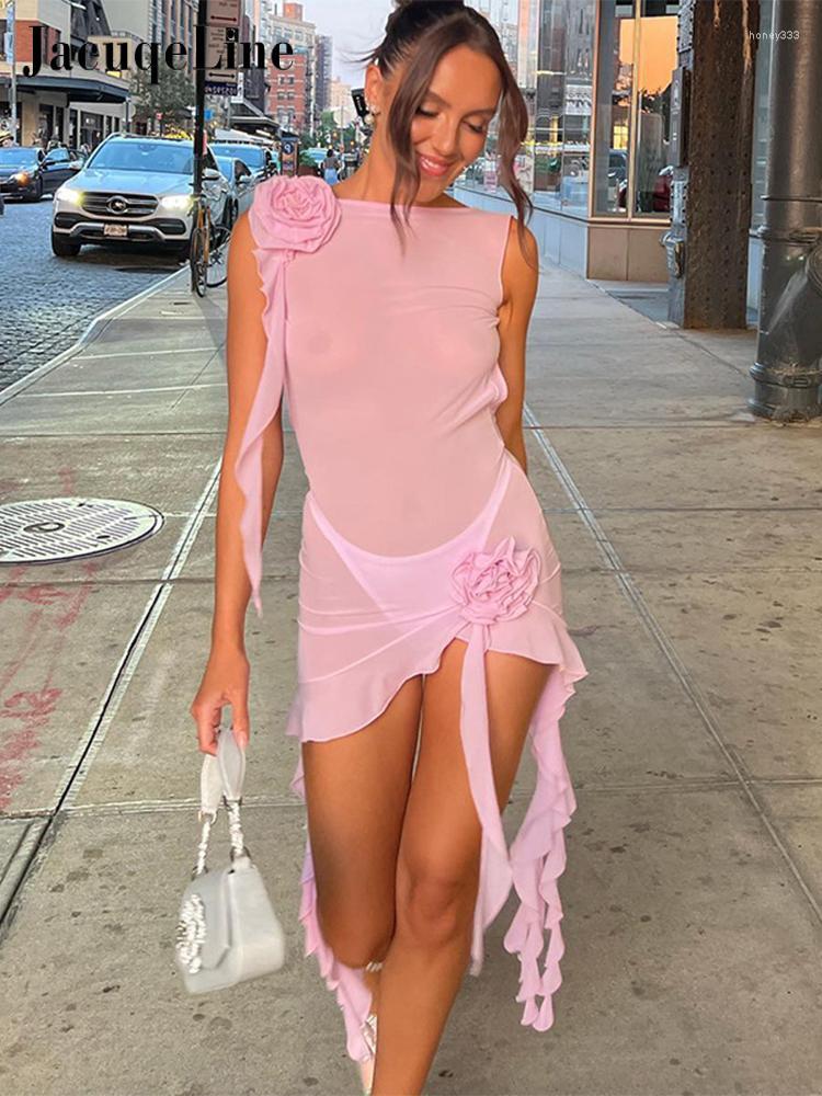 

Casual Dresses Jacuqeline Sleeveless Mini Dress Women' See-Through Outfits Sexy Wood Ear Trim Splicing Ruffles Skirt Hem Mesh 2023, White