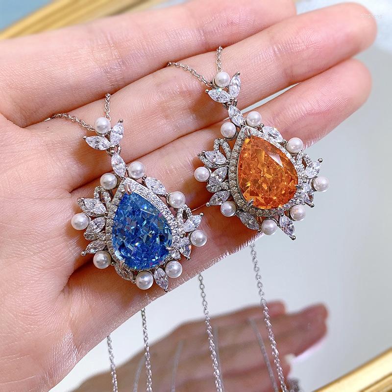 

Chains 2023 925 Silver Pear 11 15 Sunset Orange High Carbon Diamond Water Drop Pendant Women's Versatile Necklace