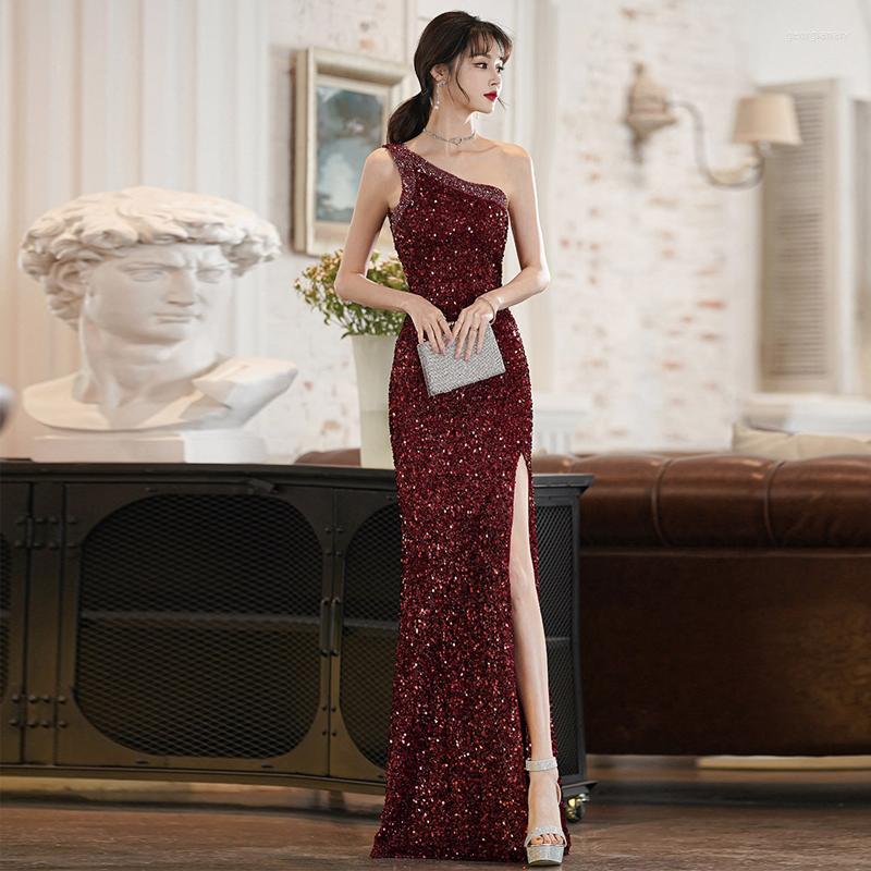 

Party Dresses One Shoulder Mermaid Cocktail Dress Long Formal Prom Gown Sequins Sleeveless Robe De Soriee Sexy Evening Vestido, Red