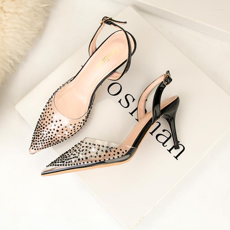 

Sandals 2023 Summer Women's Simple Pointed Toe Shallow Mouth Transparent Rhinestone Fashion Stiletto Hollow, Black