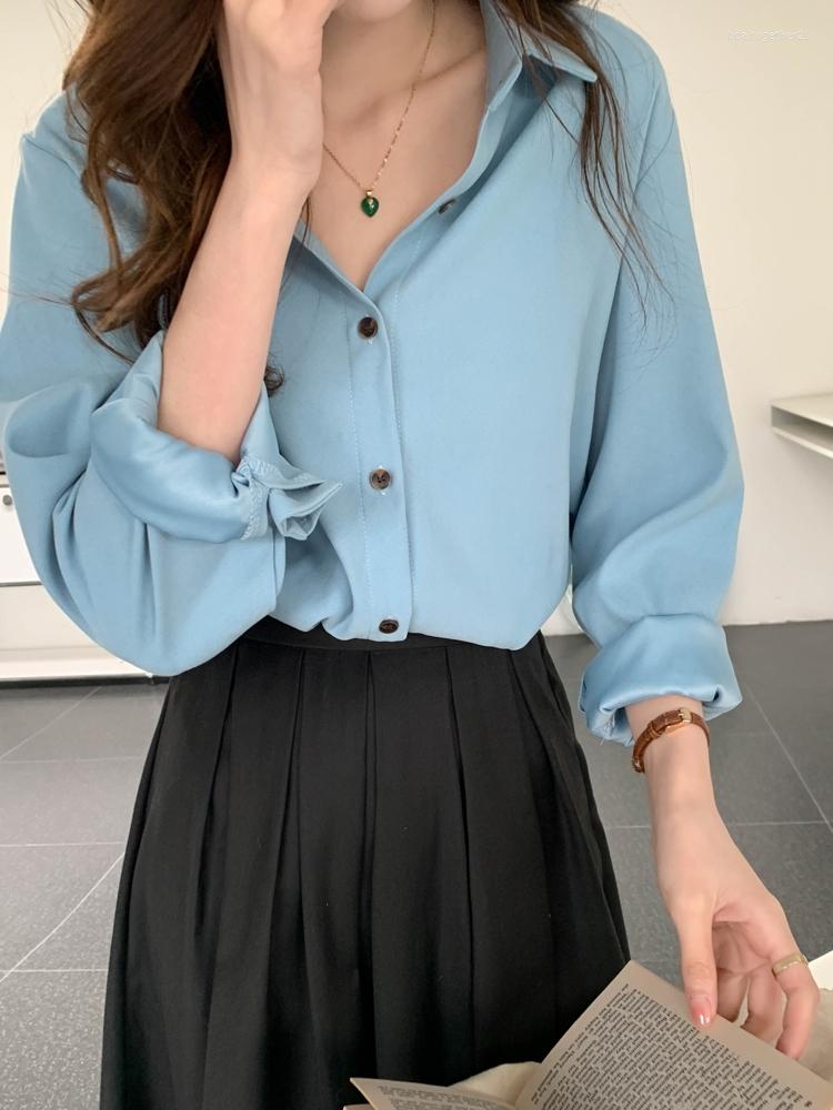 

Women's Blouses 6Candy Colors Shirt Korean Style Long Sleeve 2023 Basic Spring Autumn Womens Tops And Blouse Outwear Tops(X2312), Beige