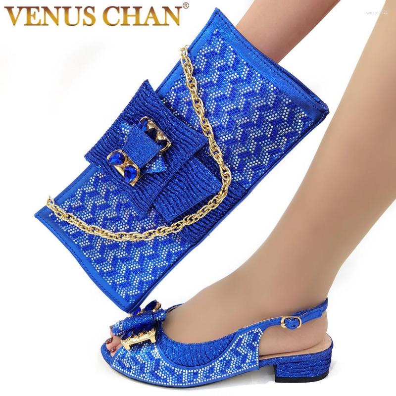 

Sandals Chan Est Blue Color Cutout Pumps Low-heel Decorated With Rhinestone Flower Design Party Women's Shoes And Bags Set