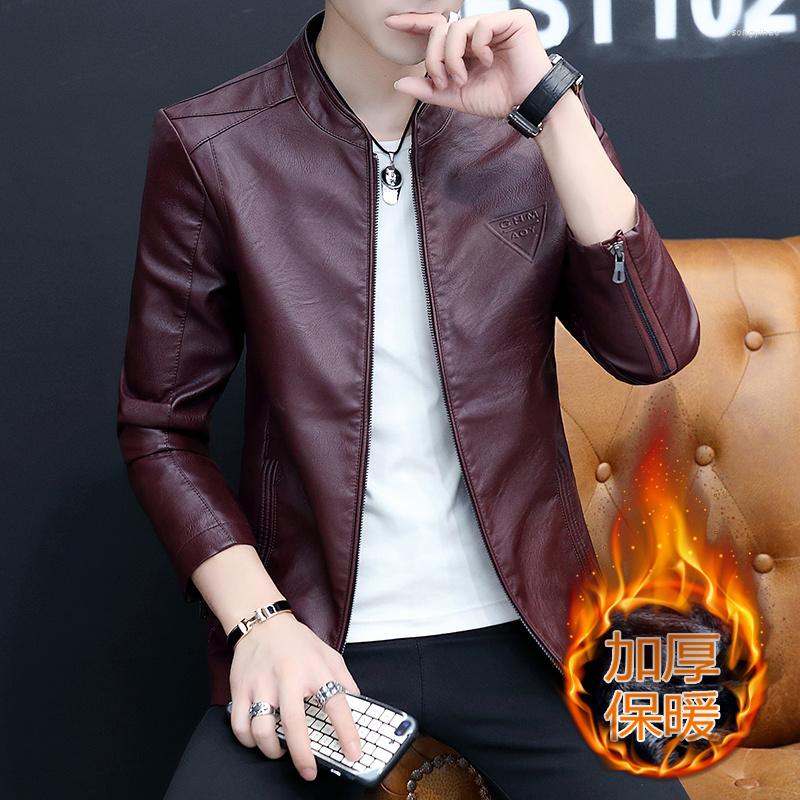

Men's Jackets Men's Fashion Casual Fit Solid Color Everything Comfortable Handsome Gentleman UP Leather Jacket, Red wine