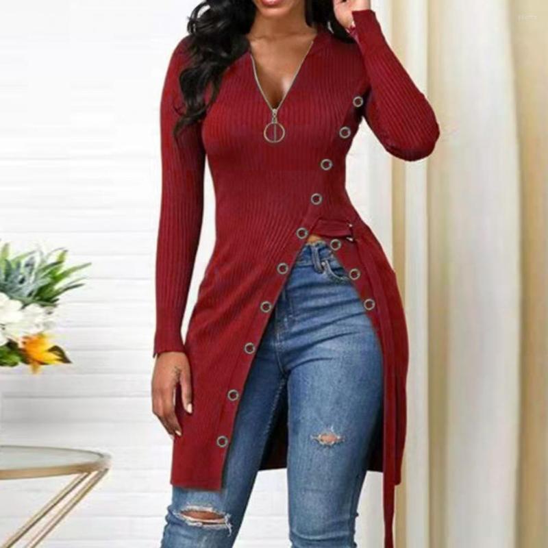 

Women's Blouses Women Blouse Ribbed Slim Fit Elastic Pure Color Split Hem Tunic Top Autumn Daily Clothing, Blue