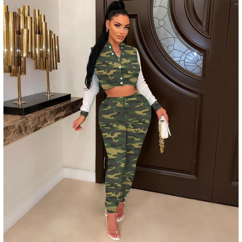 

Women' Two Piece Pants Felyn 2023 Ins Internet Celebrity Famous 2 Pcs Pant Women Set Summer Camouflage Tshirt And Close-fitting Button, Army green