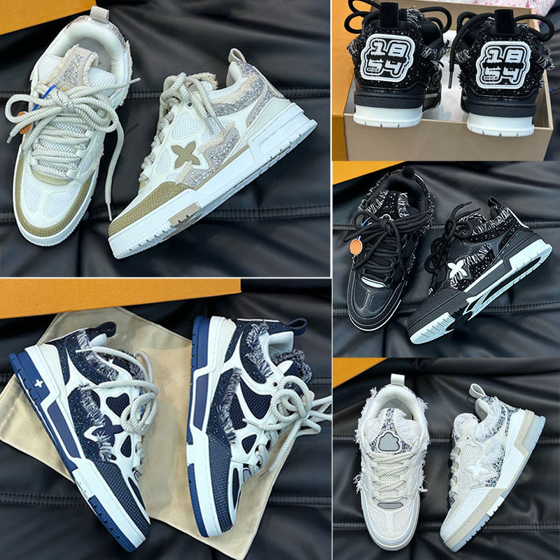 Designer Flash Diamond Casual Shoes Bread Retro Sneakers Men Breathable mesh leather made upper Side brand flower Thick Bottom Shoes With original b