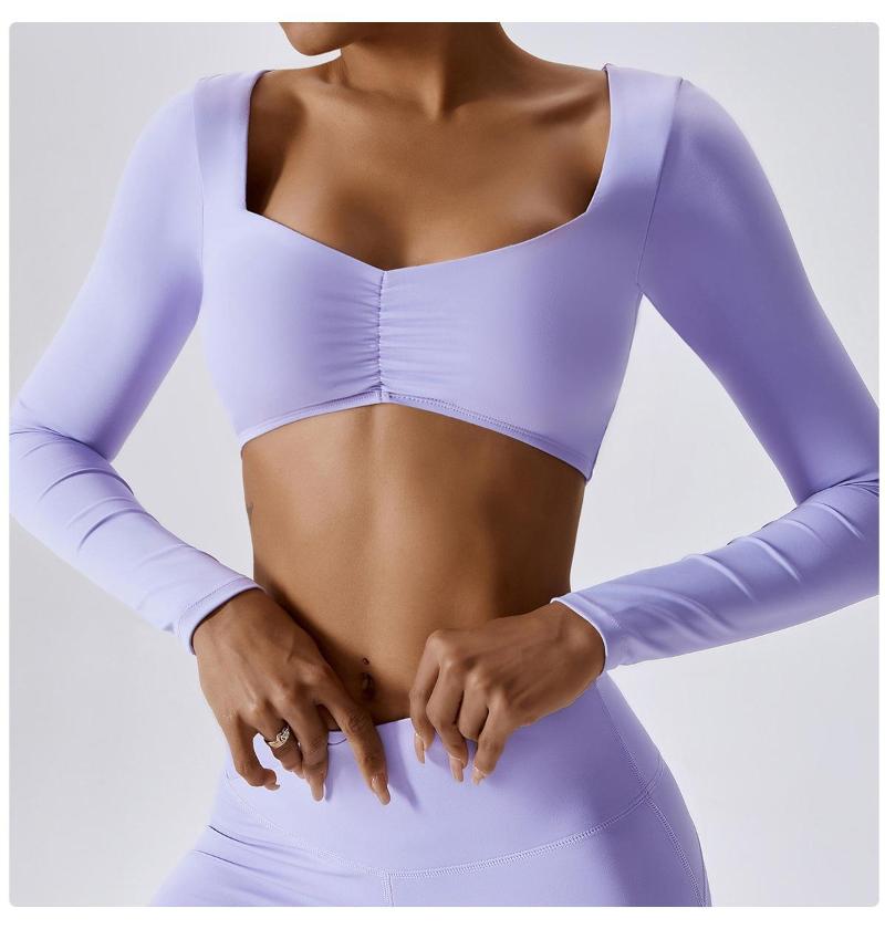 

Active Shirts Cuties Ruched Long Sleeve Yoga Top Women Sports Fitness Crop Tops Spring Stretchy Low Neck Workout Gym Sportswear, Green