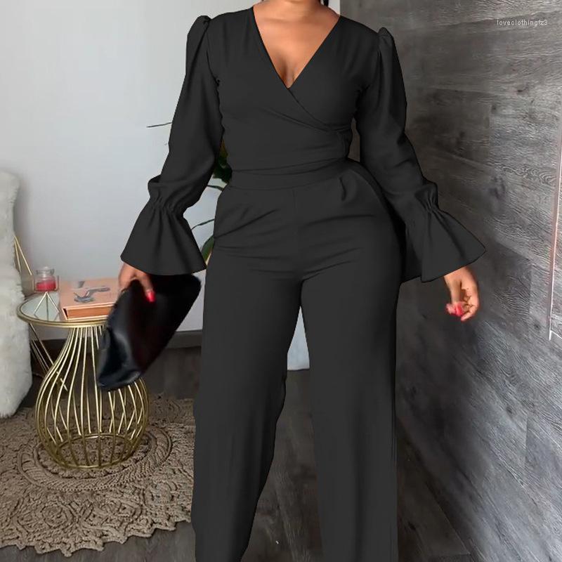 

Women' Two Piece Pants 2023 V-neck Flare Sleeve Lace-up Top Women Autumn Set African Fashion Office Ladies Straight, Black