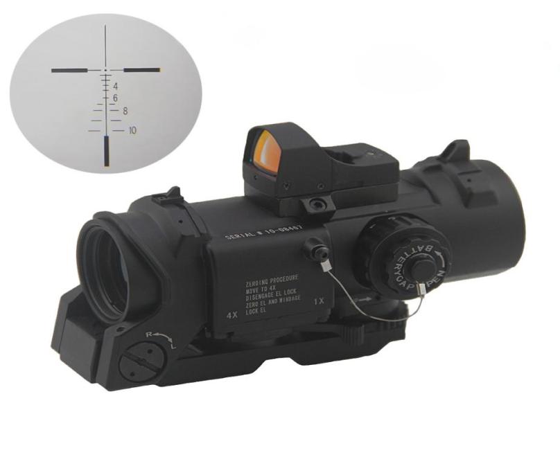 

Tactical 4x Magnifier DR Dual Role Scope Rifle Hunting 1x4x Red Illuminated MilDot Optics With Micro Red Dot Reflex Sight Fit 202051875