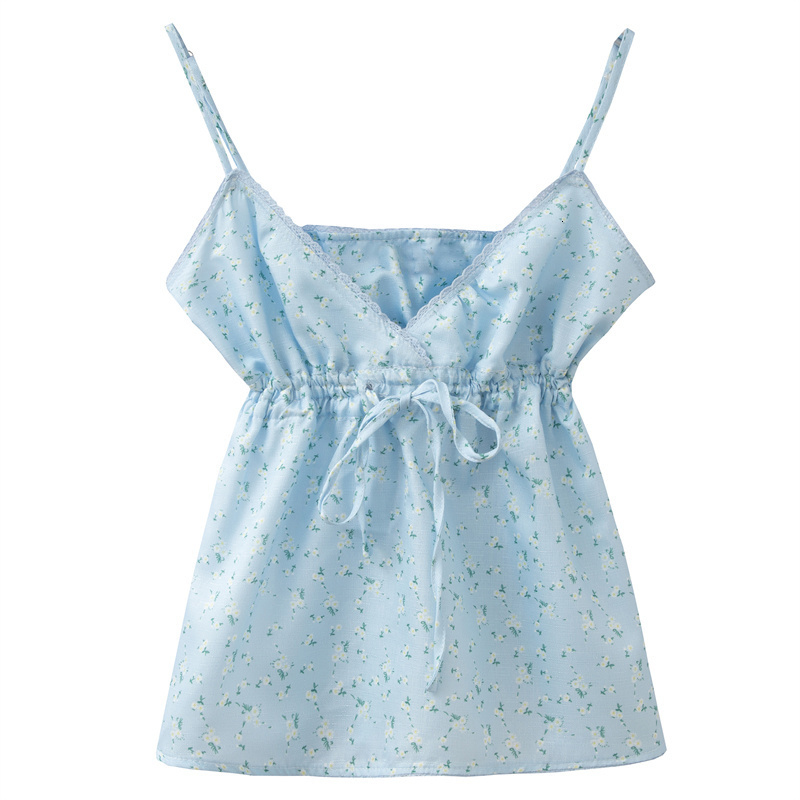

Camisoles Tanks PUWD Y2K Lovely Girl Linen Blue Flower Print Camis Summer Ladies Lace V Neck Slim Short Tops Vintage Women Sleeveless Top 230420, Sky blue