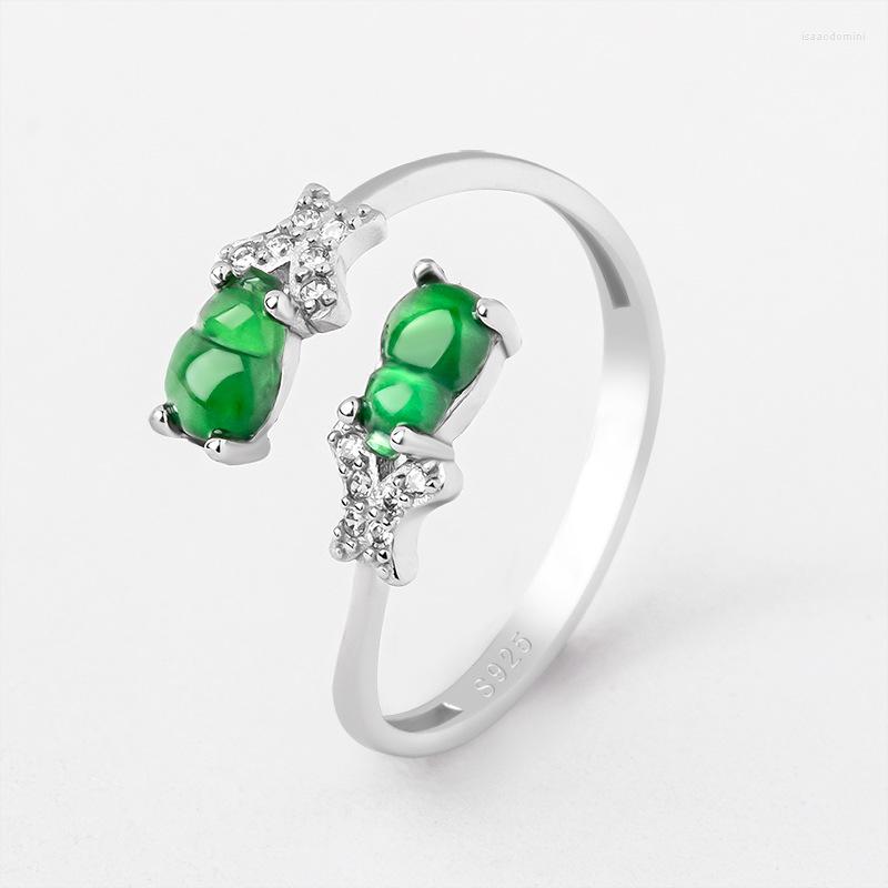 

Cluster Rings S925 Silver Inlaid Natural A Jade Gourd Green Jadeite Ring Fashion Jewelry Women's Gifts Adjustable Drop