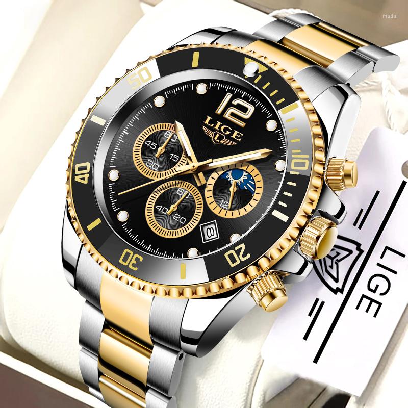 

Wristwatches Men Chronograph LIGE Clock Watches Top Waterproof Quartz Wristwatch Stainless Steel Watch Relogio Masculino Box, Rose gold green