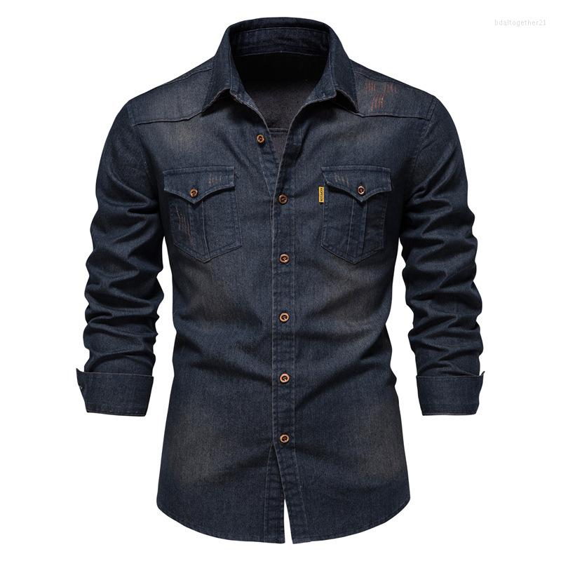 

Men' Casual Shirts 2023 Denim Shirt Cotton Material Trend US Size Iron-free Men Vintage Fashion Solid Color Male Spring Autumn Blue Black