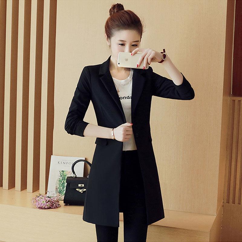 

Pants Spring Autumn Black Slim Notched Collar Blazers Women Korean Simple Pocket Button Elegant Office Lady MidLength Suit Jacket New