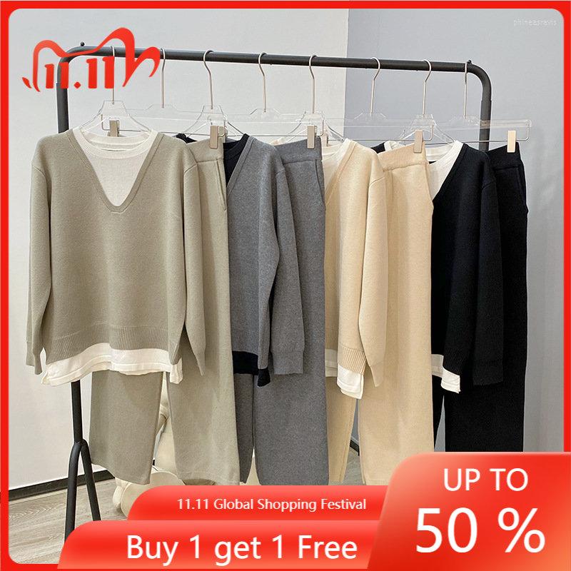 

Women' Two Piece Pants High Quality Autumn/Winter Boarding Set 2.0-Cashmere Wool Knitted Top Floor Mop Contrast Color Fake, Black