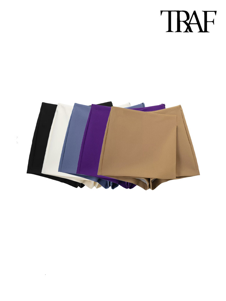 

Women  Shorts TRAF Women Fashion Pareo Style Asymmetric Skirts Vintage High Waist Side Zipper Female Skort Mujer 230420, Purple