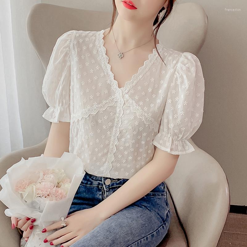 

Women' Blouses Openwork Jacket V-neck Shirt In Summer 607h 413-25, White