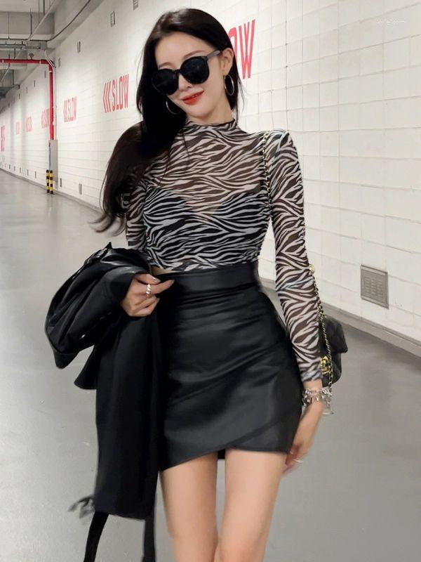 

Women' Blouses 2023 Bottoming Shirt Autumn Thin Section Of Korean Slim Half High Neck Long-sleeved Zebra Print Lining Tops Y2K