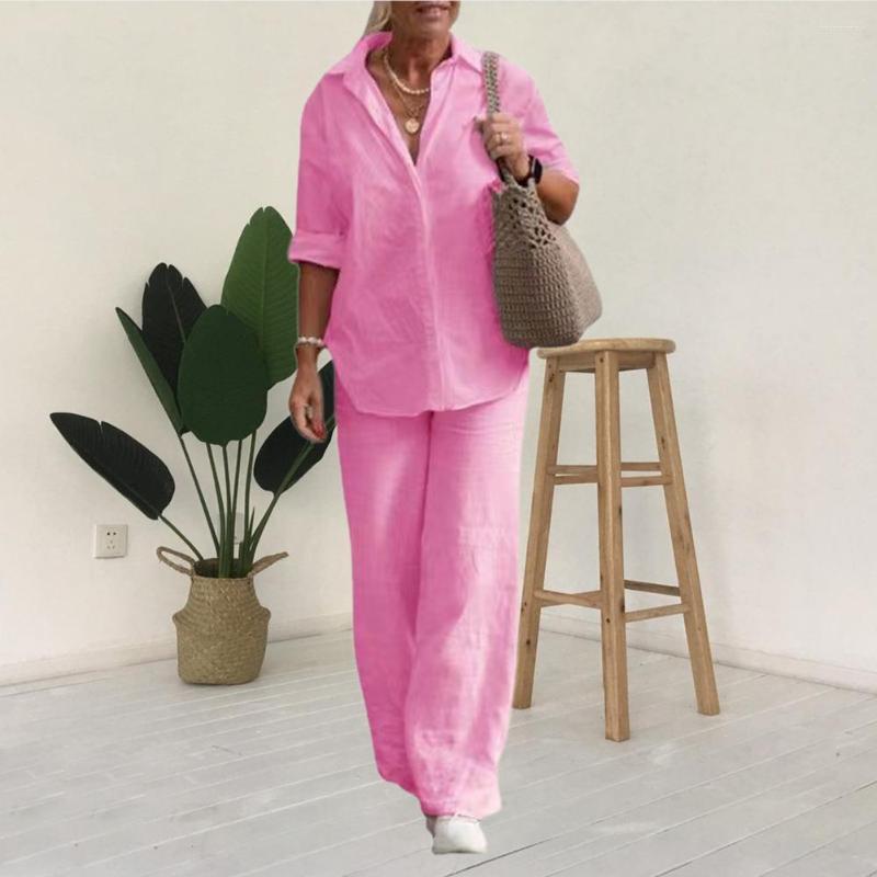

Women's Two Piece Pants Women Autumn Linen Lapel Shirt Pieces Set Vintage Solid Long Sleeve Button Blouse And Loose Straight Casual Suits, Pink