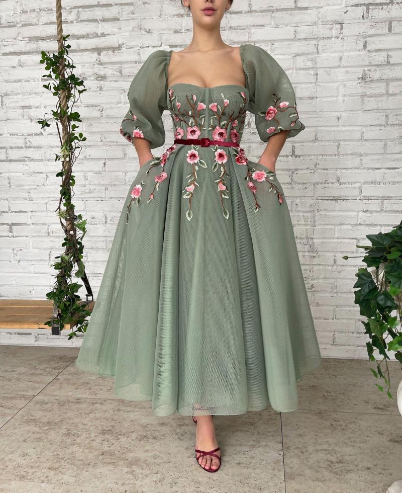 

Party Dresses A-line Strapless Appliques Half Sleeves Prom Open Back Ankle Length Graduation Celebrity Robe Formal Gowns, Champagne