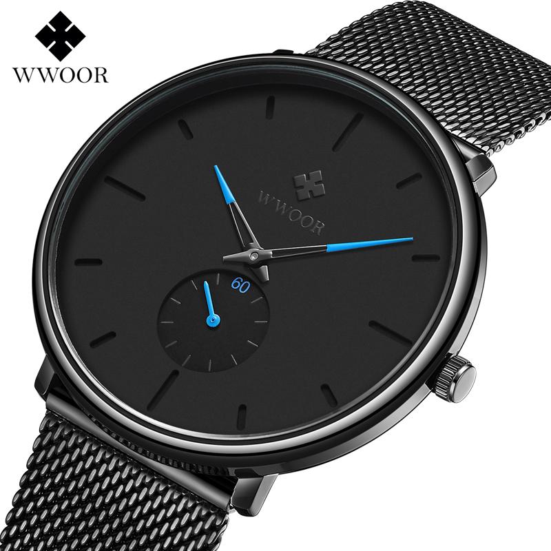 

Wristwatches WWOOR Fashion Watch For Men Top Slim Mesh Steel Quartz Sport Waterproof Wrist Relogio Masculino, Blue