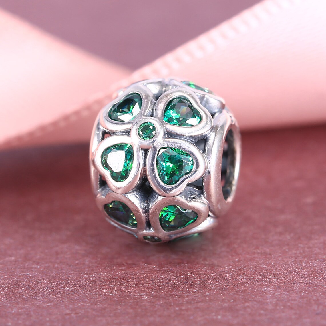 

925 Sterling Silver Four-leaf Clover with Green Cz Bead Fits European Jewelry Pandora Style Charm Bracelets