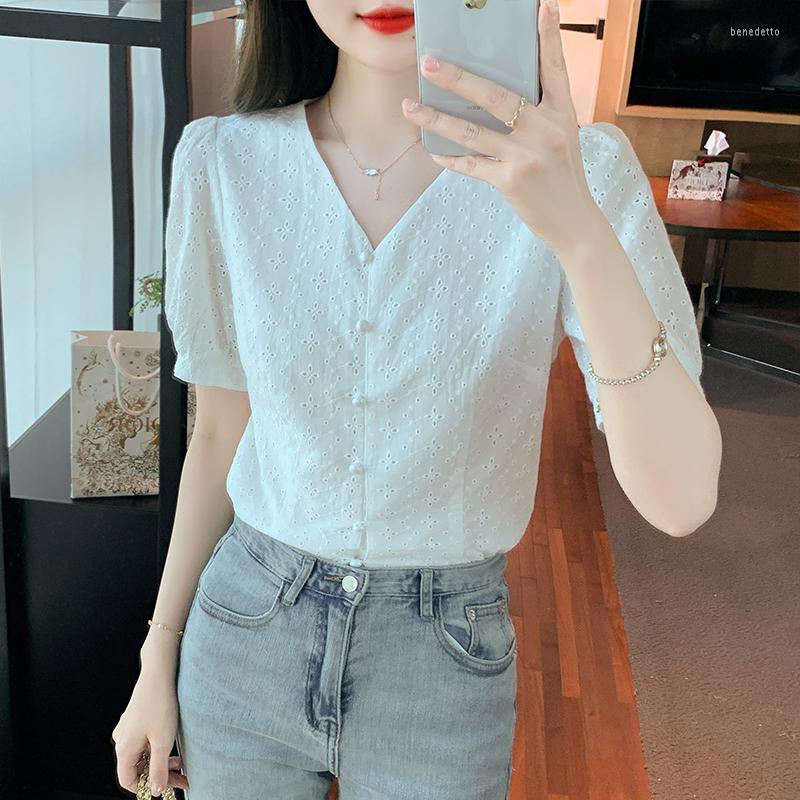 

Women' Blouses Elegant Ladies Lace Chiffon Shirts Fashion Women' 2023 Spring Summer Short Sleeve Tops Blusas Mujer, White