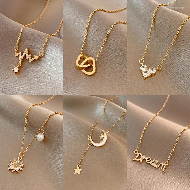 

Choker Stainless Steel Love Heart Star Moon Flower Pendant Necklace For Women Fashion Shiny Zircon Clavicle Chain Jewelry Gifts
