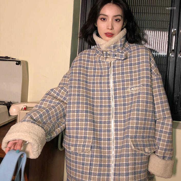 

Women' Jackets Vintage Plaid Lambswool Jacket Winter Outwear Korean Style Thick Warm Turn-down Collar Loose Hip Hop Oversize Female Tops, Picture