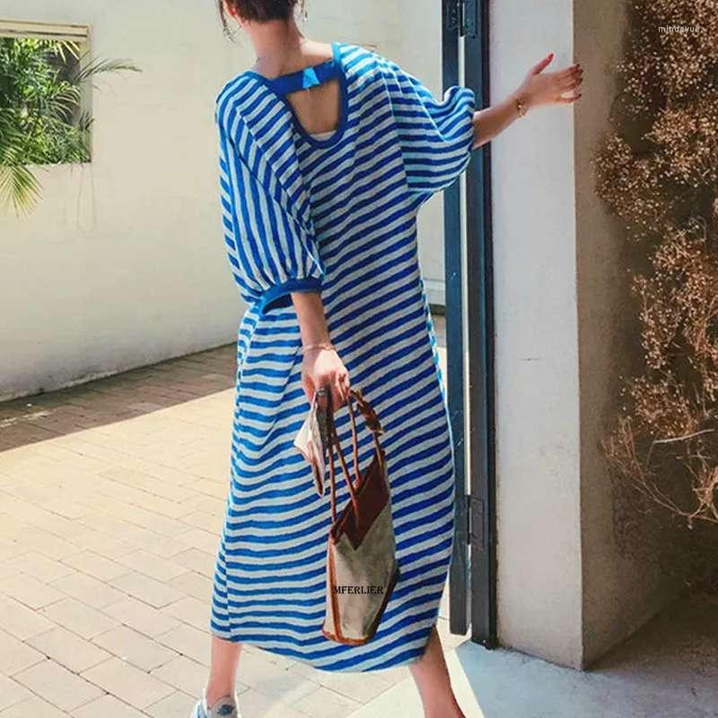 

Casual Dresses Large Size 6XL 150kg Women Blue Stripe Dress O Neck Short Sleeve Long Ladies Summer Vintage Maxi Vestidos