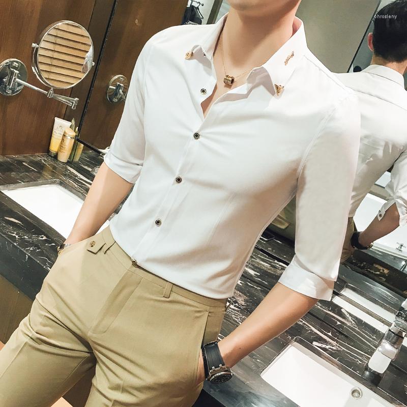 

Men's Casual Shirts Luxury Metal Pointed Collar Men Shirt Plus Size 6XL Business Half Sleeves Slim Fit Solid Blouses Camisas De Hombre, Black
