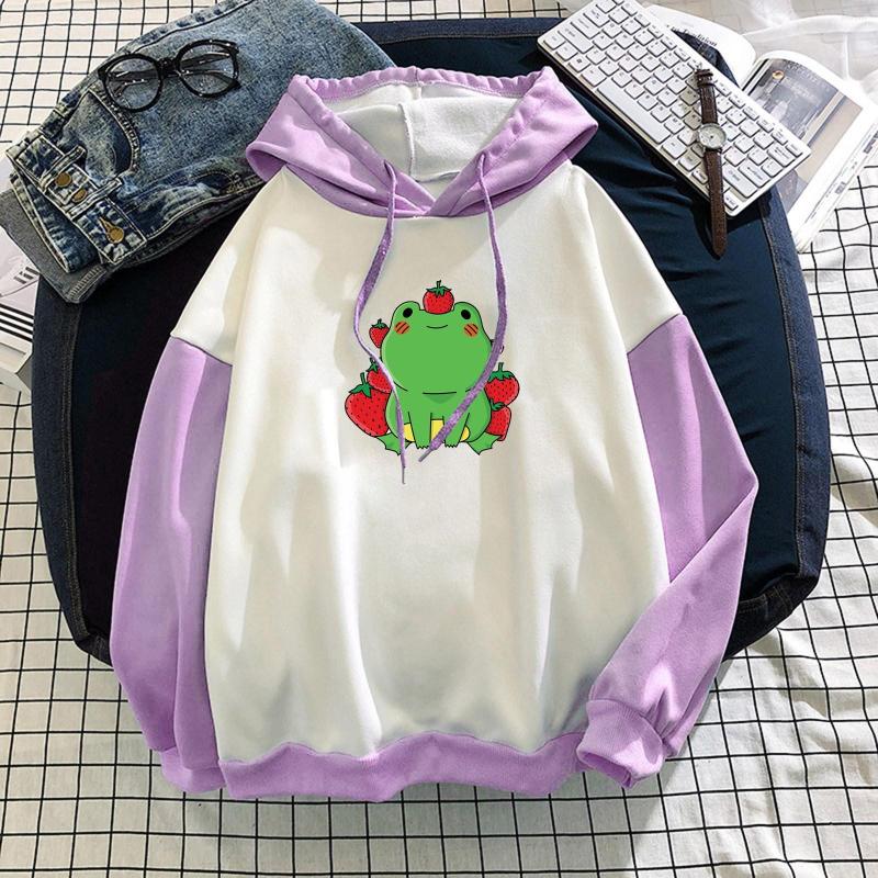 

Women's Hoodies Funny Cute Frog Print Sweatshirt Clothing Streetwear Oversized For Women Patchwork Clothes Harajuku, Black