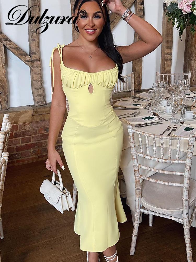 

Casual Dresses Dulzura Ruched Sexy Y2K Clothes Lace Up Sleeveless Backless Bodycon Midi For Women Outfits Club Party Birthday Elegant, Yellow