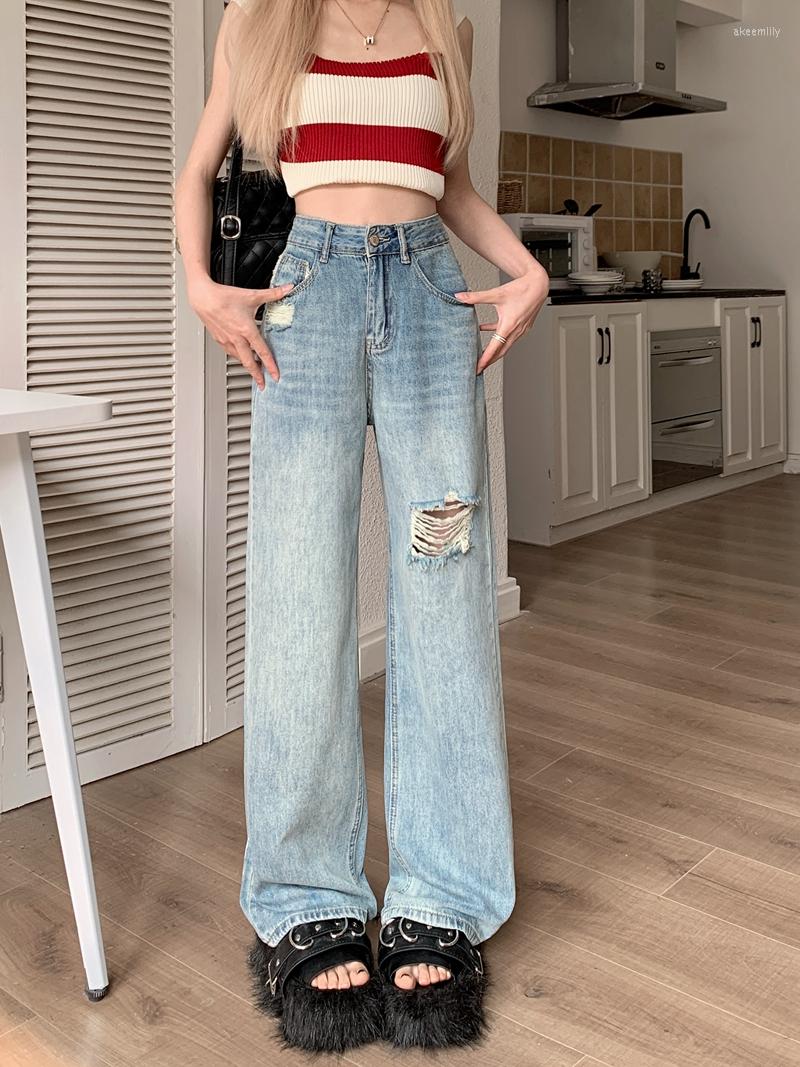 

Women' Jeans Women' Casual Ripped Wide Leg Lady Sping Summer High Waist Loose Streetwear Full Length Denim Pants, Pale blue
