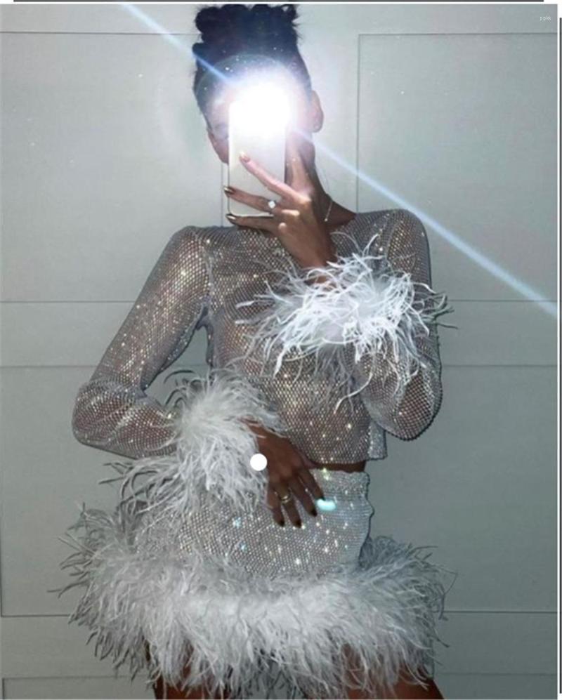 

Skirts Women Tie Spring Sexy O-Neck Sparkly Diamonds Feathers Party Nightclub Evening Dancer Two Piece Set Mini Skirt Black White